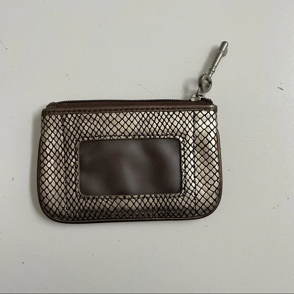Fossil Coin Purse Pouch Leather Zipper ID Window Key Charm Pewter Gold Brown